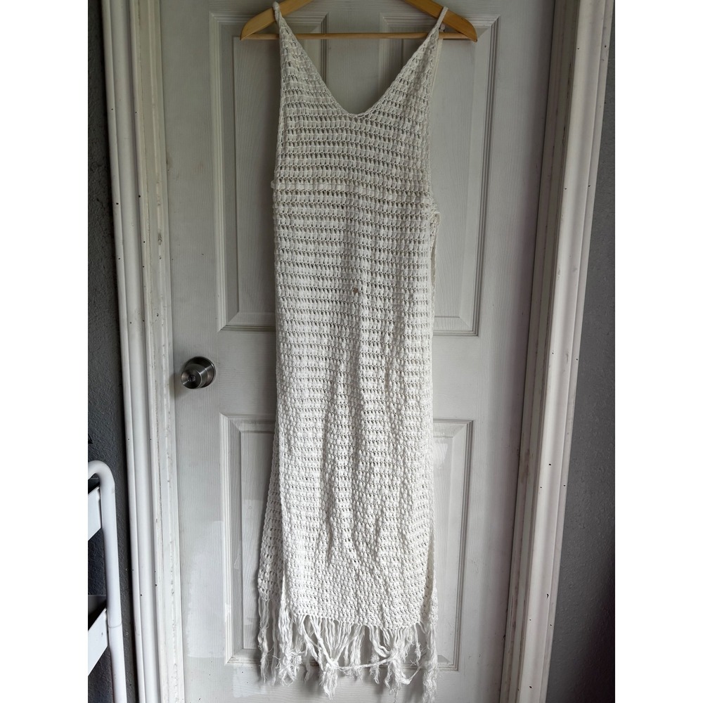 Flook Crochet Dress Cover up Womens White Boho Open Knit V-Neck Adjustable Strap